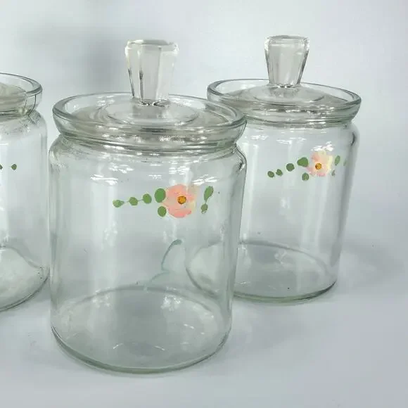 Set 3 Vintage Glass Apothecary Storage Jars 5" Painted Pink Flowers Cottage - Picture 2 of 8